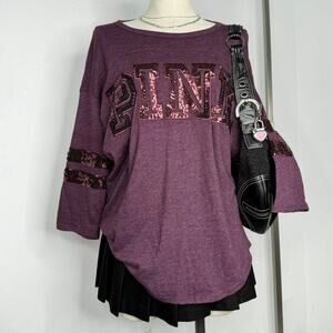 Victoria’s Secret Pink Sequin Spell Out Jersey Style Top Shirt Oversized Medium